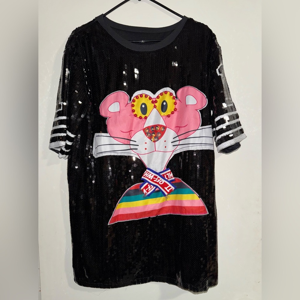 Black Sequin Pink Panther Graphic Shirt Dress L